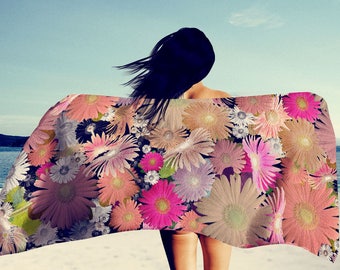 Badhandduk färgglad blommig abstrakt design, badhanddukar, konstnärshandduk, strand, hippie, shabby chic, bohokonst, badtillbehör, blommor, trädgård