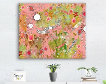 Large Colorful Bohemian Canvas Wall Art Print Pink Feathers Boho Artwork Flowers Painting Prints Home Office Decor Design Fun Happy Design