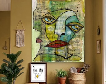 Abstract Tapestry "Mr.Mazurka" Collage Chopin Music Original Art Brut Wall Hanging, Quirky Colorful Painting