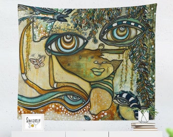 Tapestry Original Intuitive Abstract Wall Art Ideas Hanging Bird Artwork Floral Face Big Eyes Unique Original Artist Painting Tapestries