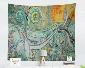 Tapestry Whale Artwork Original Whimsical Sea Wall Art Hanging Ideas Ocean Sea Creatures Abstract Whales Painting Beach Bum Hippie Decor