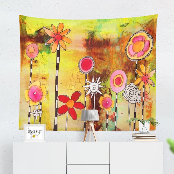 Colorful Boho Floral Art Tapestries Abstract Florals Tapestry Large Original Bohemian Wall Hanging Artist Flowers Artwork Home Decor Design