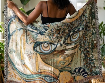 Woven Blanket with Abstract Face Eye Garden Artwork | Floral Painting for Living Room Sofa, Couch Throws, Bed Covers. Soft snuggles