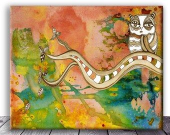 Large Abstract OWL Canvas ART Print Owls Art Print Painting Feather Art Bird Prints Wall Hanging Art Original Watercolor Art Canvas Prints