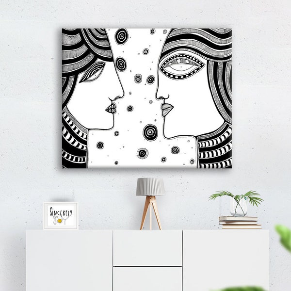 Large Lovers Canvas Art Print LOVE COUPLES Anniversary Wedding GIFT Idea Black White Artwork Home Office Design Artist Original Wall Hanging