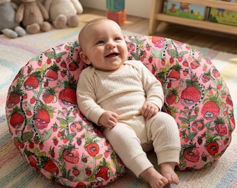 Nursing Pillow Cover with Strawberry Pattern | Pink Floral Fruit Strawberries Design | Nursery Room | New Mom |  Baby Shower Gift