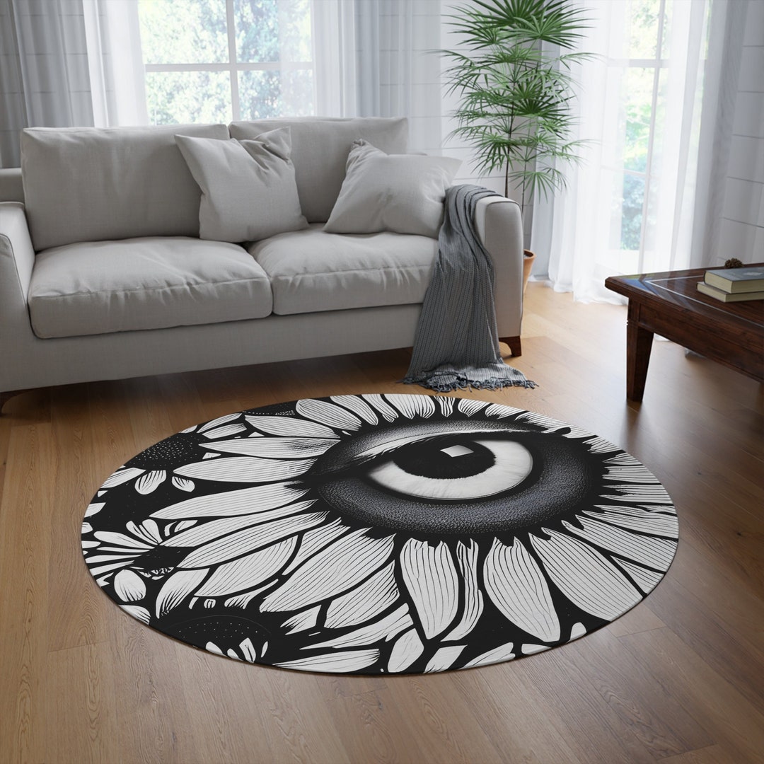 Flower Round Rug Graphic Floral Big Eye Black White Abstract Trippy ...