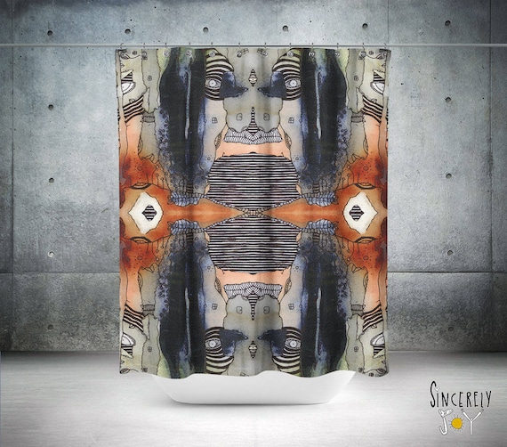 Original Designer Shower Curtain Psychedelic Artwork Blue Abstract Faces Shower Curtain Unique Unusual Artful Home Decor Bath Accessories
