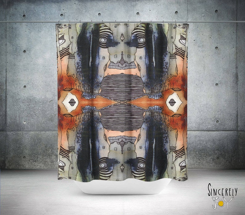 May include: A shower curtain with a colorful abstract design featuring geometric shapes, lines, and a repeating pattern of faces. The design is in shades of orange, brown, blue, and gray.