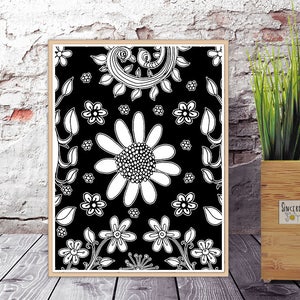 Puede incluir: Impresi&oacute;n de arte imprimible en blanco y negro con un patr&oacute;n floral con una gran margarita en el centro. El dise&ntilde;o se repite en toda la impresi&oacute;n.
