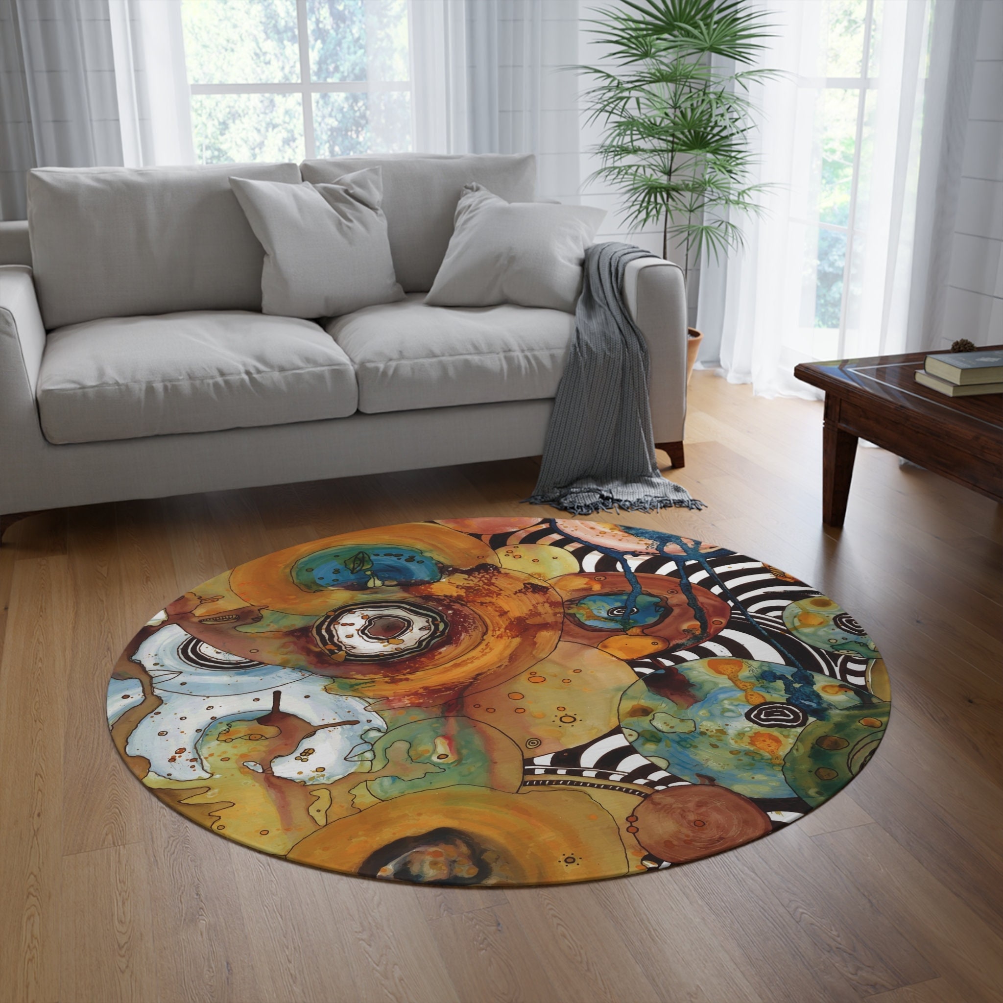 Pattern Fun Rug Fun Round Rug Colorful Neutral Abstract Faces Artwork Bold Original Art ...