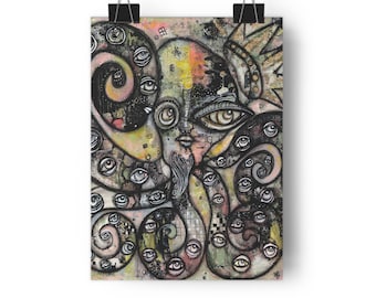 Octopus Giclée Art Print Sea Creature Eyes Intuitive Mixed Media Artist Thick Matte Prints Unique Abstract Octopi Artwork Wall Hanging Gift