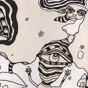 May include: A black and white line drawing of a creature with a large eye and a striped body. The creature is surrounded by smaller, abstract shapes.