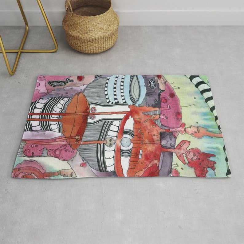 May include: Abstract watercolor painting with a colorful, layered design. The painting features a variety of shapes and lines, including circles, squares, and stripes. The colors are bright and vibrant, and the overall effect is one of energy and movement.