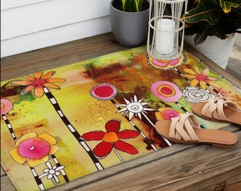 OUTDOOR Floral COLORFUL Art Rug Artist Designer Area Rugs PATIO Decor Welcome Rug Carpet Outside Abstract Flowers Garden Carpet for Patios