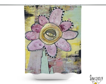 May include: A pink and yellow flower with a large eye in the center. The flower is painted on a textured background with shades of yellow, green, and brown.