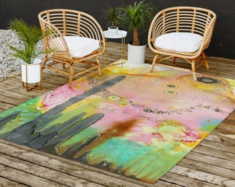 OUTDOOR Abstract Art Rug BRIGHT Rainbow Artist Area Rugs Contemporary PATIO Decor Fun Original Throw Rug Carpets for Outside Decks, Patios