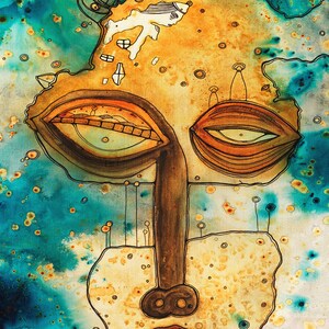 Peut inclure: Peinture abstraite &agrave; l'aquarelle d'un visage avec de grands yeux, un nez brun et un fond bleu et jaune.