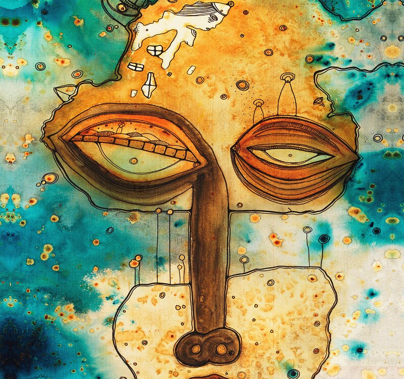 Peut inclure: Peinture abstraite &agrave; l'aquarelle d'un visage avec de grands yeux, un nez brun et un fond bleu et jaune.