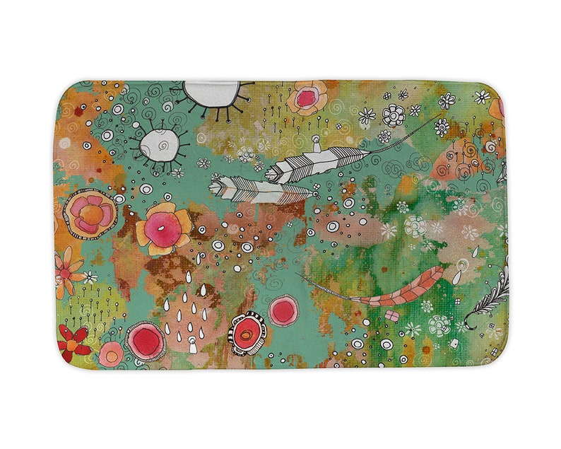 Boho Microfiber Mat Green Floral Feather Art Rug Unique Home Etsy