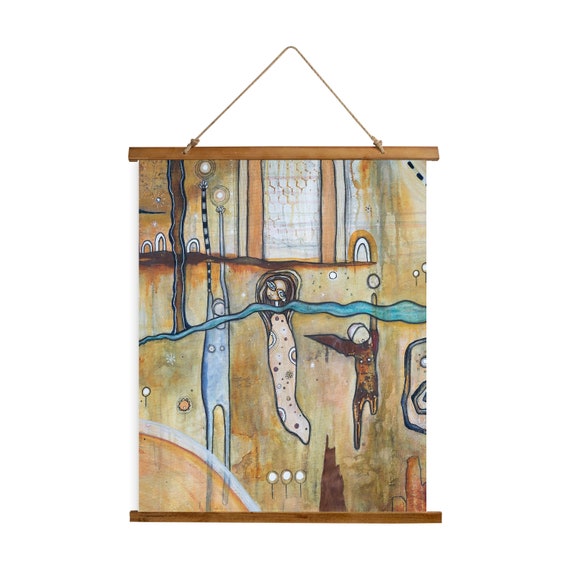 Whimsical Flying Goddess Women Angel Art on Wood Slat Fabric Wall Hanging Tapestry Original Painting on Tapestries for Living Room Bedroom