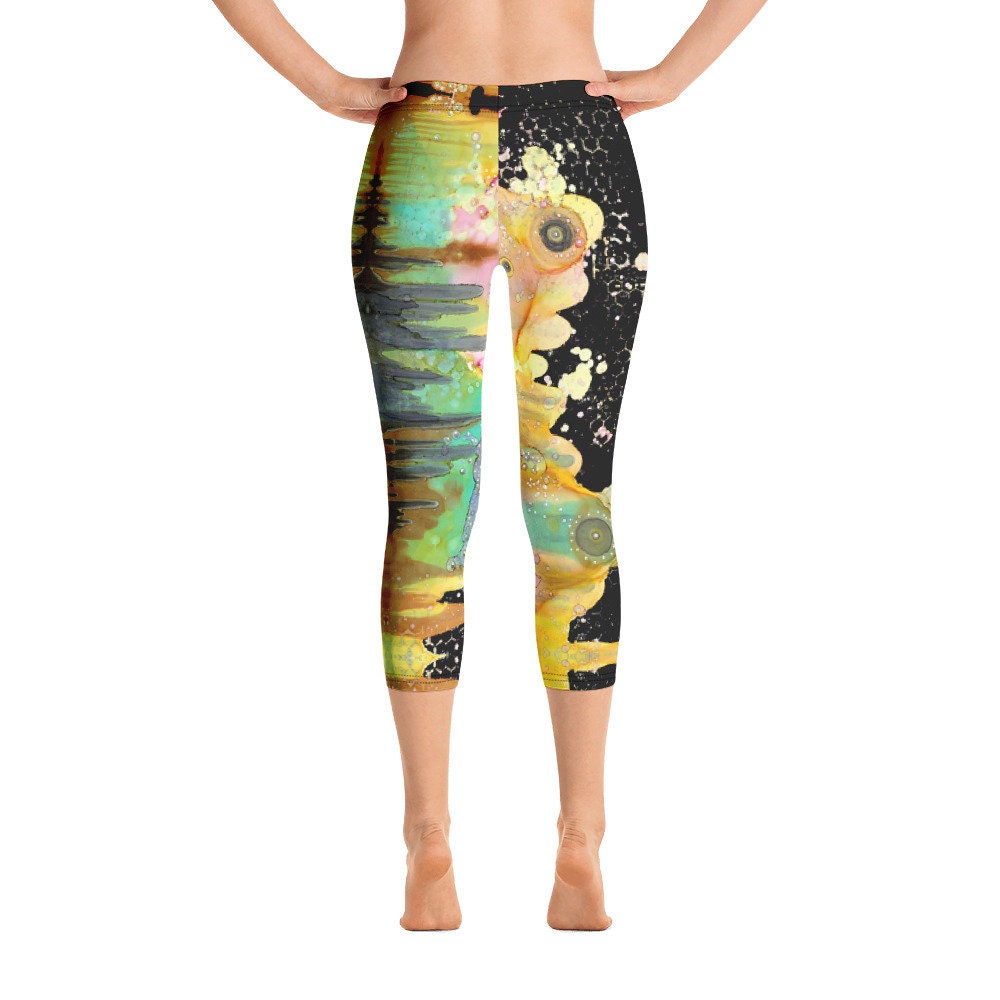 Abstract Capri leggings, Workout Pants 'Teal Birds of a Flower' - Sincerely  Joy