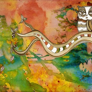 May include: A watercolour painting of an owl perched on a branch with white and brown stripes. The background is a mix of red, orange, yellow, green, and blue.