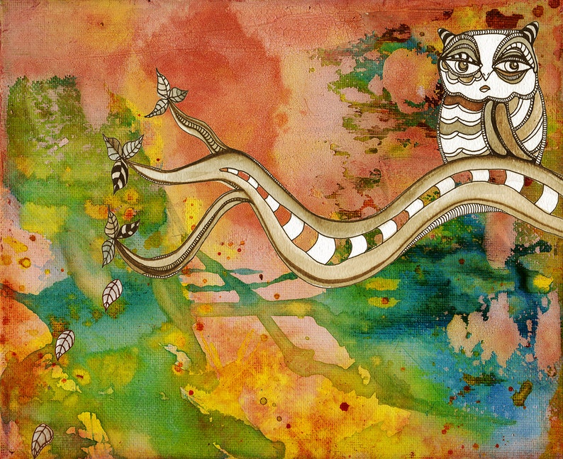 May include: A watercolour painting of an owl perched on a branch with white and brown stripes. The background is a mix of red, orange, yellow, green, and blue.