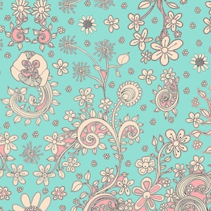 May include: A seamless pattern featuring a variety of stylized flowers and leaves in shades of pink and cream on a turquoise background.