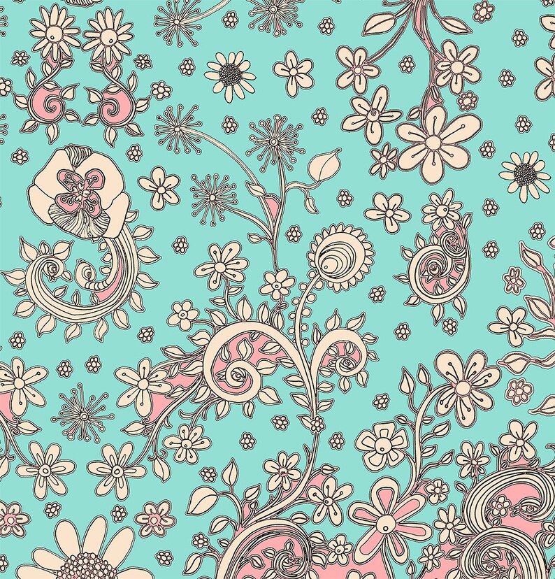 May include: A seamless pattern featuring a variety of stylized flowers and leaves in shades of pink and cream on a turquoise background.
