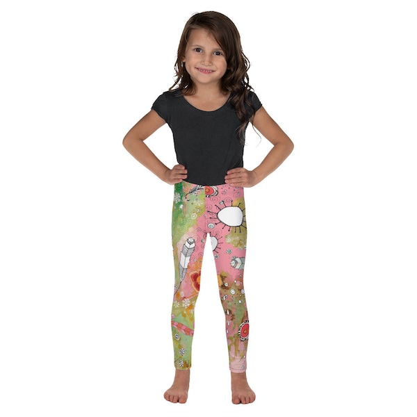 Kids Boho Art Leggings Pink Feathers Artwork on Childrens Pants Yoga Dance Leggings Unique Colorful Girls Art Clothes Fun Holiday Gift Idea