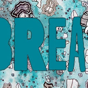 May include: A teal blue banner with the text "C.C. and Brea Art!" in a whimsical font. A black and white illustration of a person with large eyes is in the center of the banner.