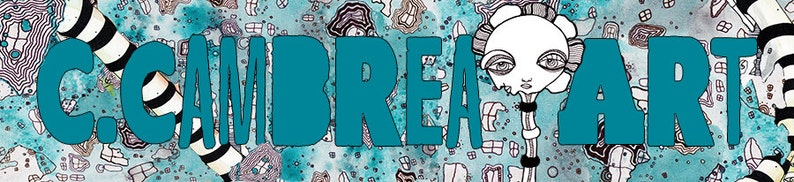 May include: A teal blue banner with the text "C.C. and Brea Art!" in a whimsical font. A black and white illustration of a person with large eyes is in the center of the banner.