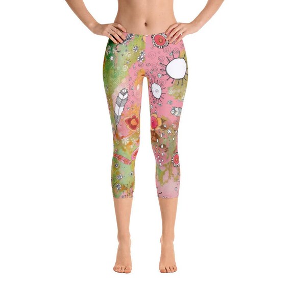 Bohemian Yoga Gear Leggings Capri Leggings Art Feathers Flowers Pink Boho Workout Pants for CrossFit Training Dance Running Athletic Pants