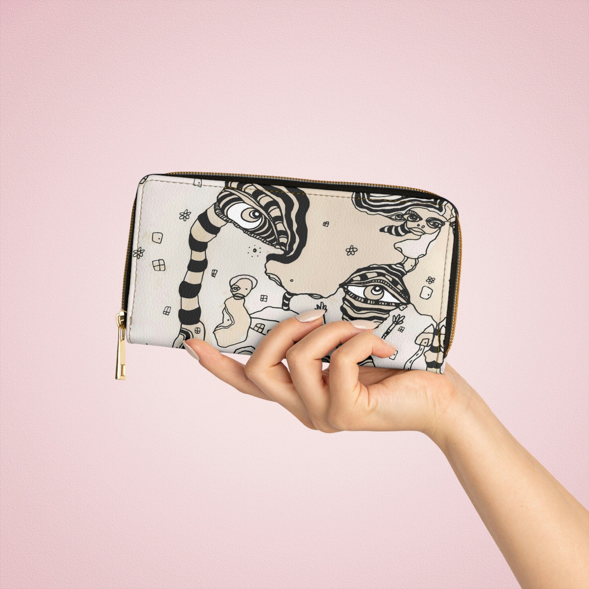 Unusual Art on Zipper Wallet Cruelty Free Faux Leather