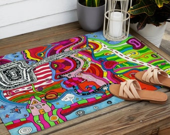 OUTDOOR Rugs Colorful Trippy Abstract Art Fun Area Rug Carpet PATIO Decor Throw Rug Art Painted Carpets Outside Rug Psychedelic Faces Decor
