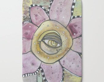 May include: A watercolor painting of a pink flower with a large yellow eye in the center. The eye has a brown iris and a yellow pupil. The flower has a white and black striped stem.