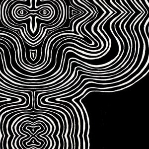 以下が含まれることがあります： 渦巻き模様の白黒の抽象的な線画プリント。線は奥行きと動きを感じさせます。