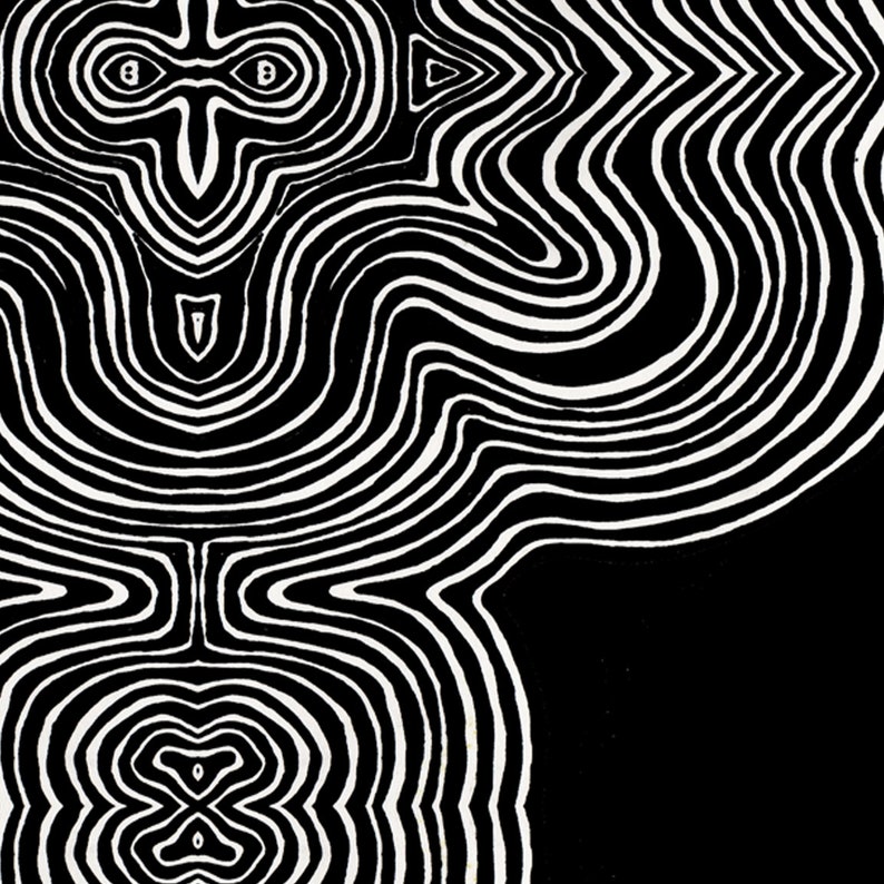 以下が含まれることがあります： 渦巻き模様の白黒の抽象的な線画プリント。線は奥行きと動きを感じさせます。