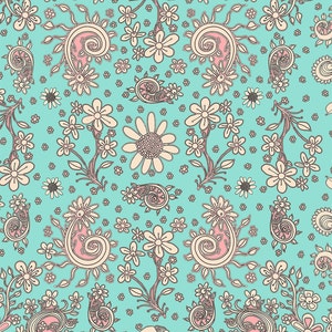 May include: A seamless pattern featuring a repeating design of stylized flowers and paisley shapes in cream and pink on a turquoise background.