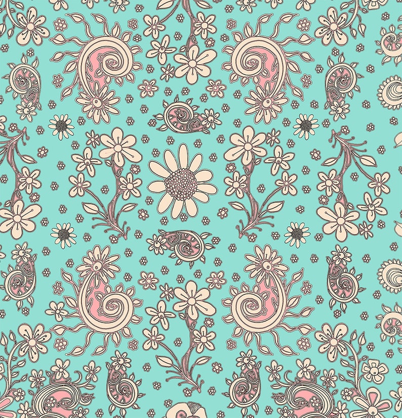 May include: A seamless pattern featuring a repeating design of stylized flowers and paisley shapes in cream and pink on a turquoise background.