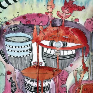 May include: Abstract watercolor painting with a red, blue, and black color scheme. The painting features a stylized face with a large eye and a mouth with teeth. The background is a mix of green, pink, and purple.