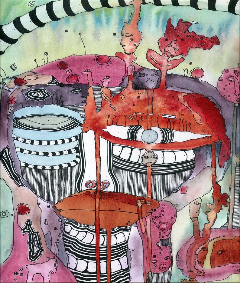 May include: Abstract watercolor painting with a red, blue, and black color scheme. The painting features a stylized face with a large eye and a mouth with teeth. The background is a mix of green, pink, and purple.