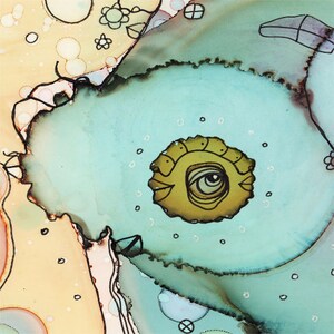 May include: Abstract watercolour painting with a light blue background and a yellow fish with a large eye. The fish is surrounded by white dots and a dark blue border.