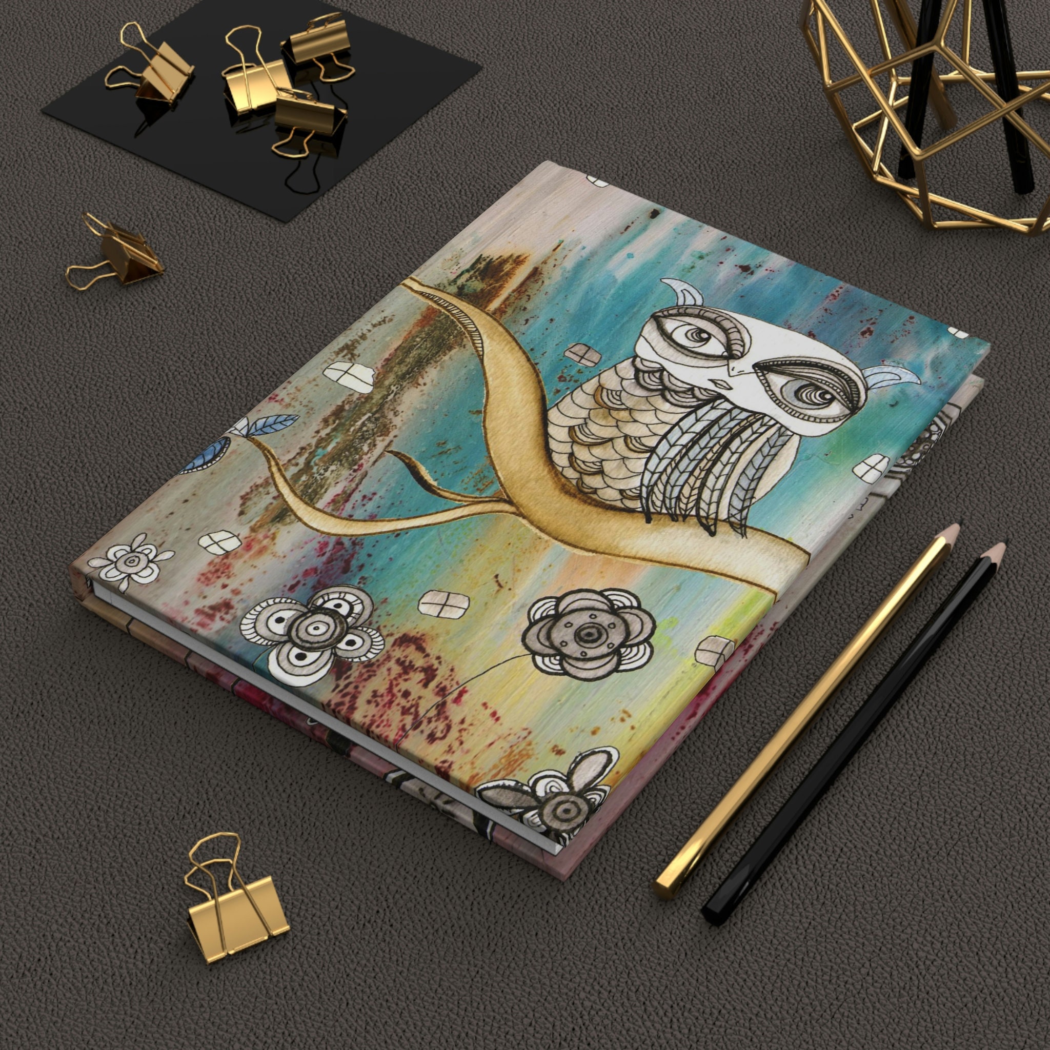 Owl Dream Hardcover Journal Travel Diary Bohemian Floral Birds Original Art Colorful Design Boho Not