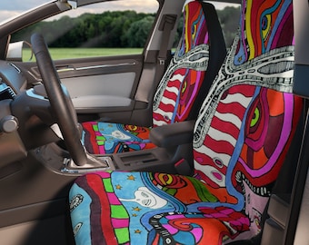 Rainbow Car Seat Covers Original Colorful Art for Car SUV Vehicle Hippy Trippy Psychedelic Vibes Unique Unusual Eclectic Fun Car Accessories