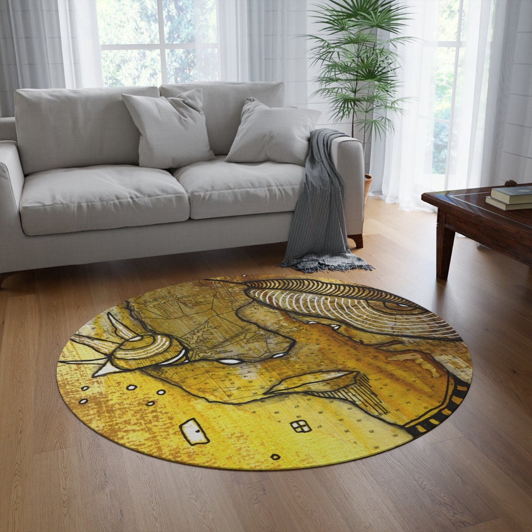 Round Rug Colorful Funky Face Artwork Yellow Abstract Carpet Weird ...
