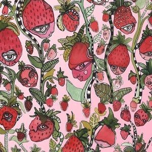 Puede incluir: Un fondo rosa con un patr&oacute;n repetitivo de fresas rojas con contornos negros y caras fantasiosas. Las fresas tienen semillas negras y ojos blancos. El fondo es rosa claro.