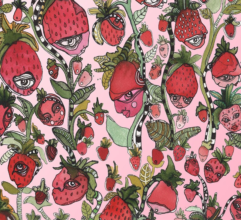 Puede incluir: Un fondo rosa con un patr&oacute;n repetitivo de fresas rojas con contornos negros y caras fantasiosas. Las fresas tienen semillas negras y ojos blancos. El fondo es rosa claro.