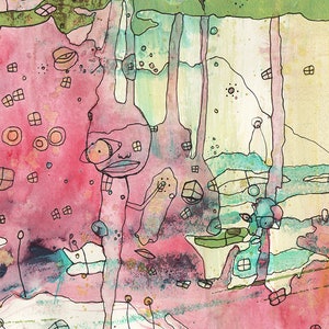Peut inclure: Une peinture abstraite &agrave; l'aquarelle dans des tons de rose, vert et bleu. La peinture repr&eacute;sente une figure humaine stylis&eacute;e avec une grosse t&ecirc;te et un petit corps. La figure est entour&eacute;e de diverses formes et lignes, notamment des cercles, des carr&eacute;s et des rectangles.
